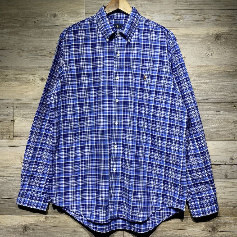 Ralph Lauren Men’s L Blue White Plaid Oxford Button-Down Shirt Color Pony VGUC